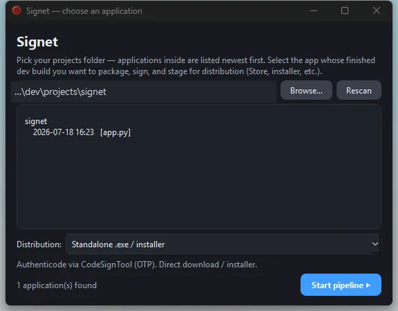 Signet's launcher with a distribution picker set to Standalone .exe / installer